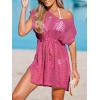 imageCUPSHE Women Crochet Swim Coverups Short Sleeve Drawstring Beach Coverups DressHot Pink