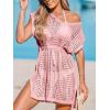 imageCUPSHE Women Crochet Swim Coverups Short Sleeve Drawstring Beach Coverups DressPeach Fuzz