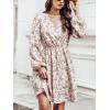 imageCUPSHE Women Floral Ruffle Summer Dress Surplice V Neck Long Peasant Sleeve Elastic Waist Flowy Casual Holiday Mini DressWhite