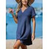 imageCUPSHE Women Swimsuit Cover Ups Short Sleeve Waffle Twist Front Summer Mini Beach Coverup DressDark Blue
