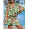 imageCUPSHE Womens Mini Dress V Neck Floral Half Dolman Sleeve Belted Loose Fit Short Summer Beach DressGrass Green