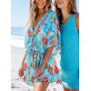 imageCUPSHE Womens Mini Dress V Neck Floral Half Dolman Sleeve Belted Loose Fit Short Summer Beach DressLight Blue