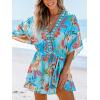 imageCUPSHE Womens Mini Dress V Neck Floral Half Dolman Sleeve Belted Loose Fit Short Summer Beach DressLight Blue