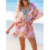 imageCUPSHE Womens Mini Dress V Neck Floral Half Dolman Sleeve Belted Loose Fit Short Summer Beach DressPink Tropical