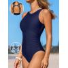 imageCUPSHE Womens One Piece Swimsuit Bathing Suit Tummy Control High Neck Cutout Back Hook Mesh SwimwearNavy Blue