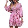 imageCUPSHE Women Casual Boho Sundress Summer Floral Print Tie Front Dress 34 Sleeves Paisley Beach Mini DressesDark Pink