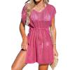 imageCUPSHE Women Crochet Swim Coverups Short Sleeve Drawstring Beach Coverups DressHot Pink