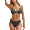 imageCUPSHE Womens Bikini Sets Two Piece Bathing Suit V Neck Scalloped Mid Rise Crisscross Back Self Tie Spaghetti StrapsMoss Green
