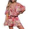 imageCUPSHE Womens Mini Dress V Neck Floral Half Dolman Sleeve Belted Loose Fit Short Summer Beach DressPink Floral