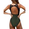 imageCUPSHE Womens One Piece Swimsuit Bathing Suit Tummy Control High Neck Cutout Back Hook Mesh SwimwearDark Green