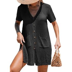 imageCUPSHE Crochet Coverups for Women Short Sleeve Button Front Beach Cover Ups DressBlack