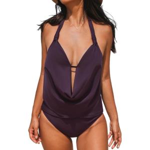 imageCUPSHE Tankini Bathing Suit for Women Halter Deep V Cowl Neck Low Back SwimsuitPlum Purple