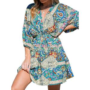 imageCUPSHE Women Casual Boho Sundress Summer Floral Print Tie Front Dress 34 Sleeves Paisley Beach Mini DressesDark Blue