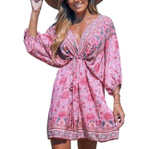 imageCUPSHE Women Casual Boho Sundress Summer Floral Print Tie Front Dress 34 Sleeves Paisley Beach Mini DressesDark Pink