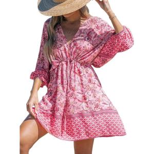 imageCUPSHE Women Casual Boho Sundress Summer Floral Print Tie Front Dress 34 Sleeves Paisley Beach Mini DressesLight Pink
