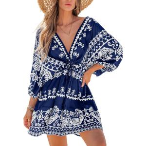 imageCUPSHE Women Casual Boho Sundress Summer Floral Print Tie Front Dress 34 Sleeves Paisley Beach Mini DressesNavy Blue