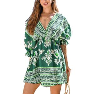imageCUPSHE Women Casual Boho Sundress Summer Floral Print Tie Front Dress 34 Sleeves Paisley Beach Mini DressesOlive Green