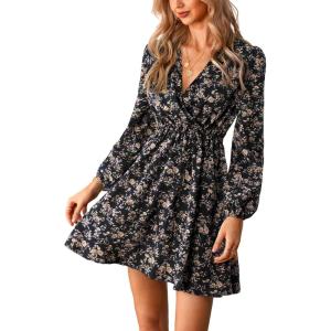 imageCUPSHE Women Floral Ruffle Summer Dress Surplice V Neck Long Peasant Sleeve Elastic Waist Flowy Casual Holiday Mini DressBlack