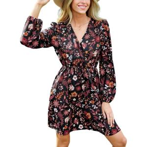 imageCUPSHE Women Floral Ruffle Summer Dress Surplice V Neck Long Peasant Sleeve Elastic Waist Flowy Casual Holiday Mini DressBlack Red Floral