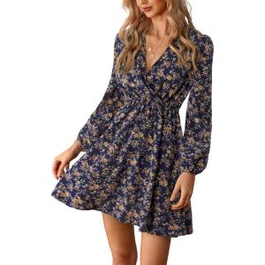 imageCUPSHE Women Floral Ruffle Summer Dress Surplice V Neck Long Peasant Sleeve Elastic Waist Flowy Casual Holiday Mini DressMulticoloured
