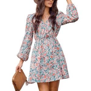 imageCUPSHE Women Floral Ruffle Summer Dress Surplice V Neck Long Peasant Sleeve Elastic Waist Flowy Casual Holiday Mini DressOrange Floral