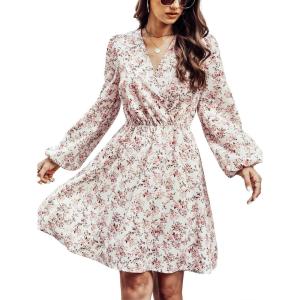 imageCUPSHE Women Floral Ruffle Summer Dress Surplice V Neck Long Peasant Sleeve Elastic Waist Flowy Casual Holiday Mini DressWhite