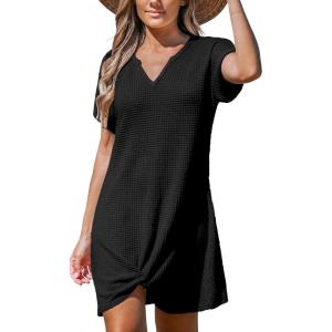 imageCUPSHE Women Swimsuit Cover Ups Short Sleeve Waffle Twist Front Summer Mini Beach Coverup DressBlack