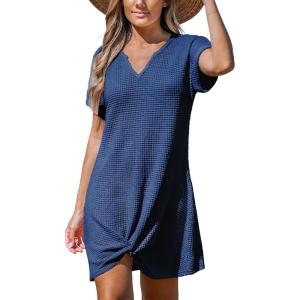 imageCUPSHE Women Swimsuit Cover Ups Short Sleeve Waffle Twist Front Summer Mini Beach Coverup DressDark Blue