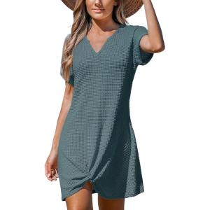 imageCUPSHE Women Swimsuit Cover Ups Short Sleeve Waffle Twist Front Summer Mini Beach Coverup DressDark Green