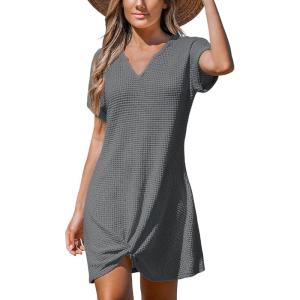 imageCUPSHE Women Swimsuit Cover Ups Short Sleeve Waffle Twist Front Summer Mini Beach Coverup DressDark Grey