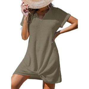 imageCUPSHE Women Swimsuit Cover Ups Short Sleeve Waffle Twist Front Summer Mini Beach Coverup DressGreen