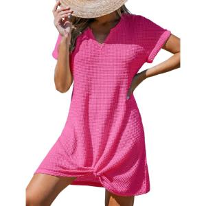 imageCUPSHE Women Swimsuit Cover Ups Short Sleeve Waffle Twist Front Summer Mini Beach Coverup DressHot Pink