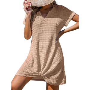 imageCUPSHE Women Swimsuit Cover Ups Short Sleeve Waffle Twist Front Summer Mini Beach Coverup DressKhaki