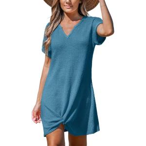 imageCUPSHE Women Swimsuit Cover Ups Short Sleeve Waffle Twist Front Summer Mini Beach Coverup DressLake Blue