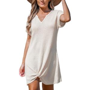 imageCUPSHE Women Swimsuit Cover Ups Short Sleeve Waffle Twist Front Summer Mini Beach Coverup DressOffwhite