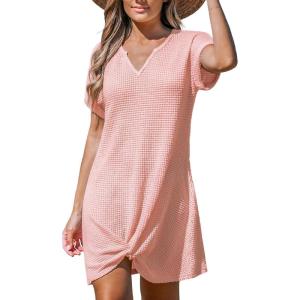 imageCUPSHE Women Swimsuit Cover Ups Short Sleeve Waffle Twist Front Summer Mini Beach Coverup DressPink