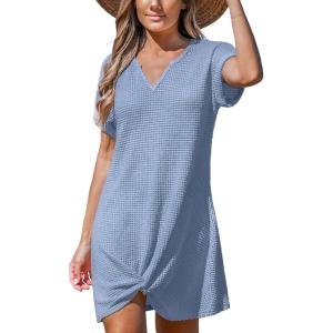 imageCUPSHE Women Swimsuit Cover Ups Short Sleeve Waffle Twist Front Summer Mini Beach Coverup DressSky Blue