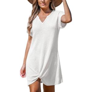imageCUPSHE Women Swimsuit Cover Ups Short Sleeve Waffle Twist Front Summer Mini Beach Coverup DressWhite