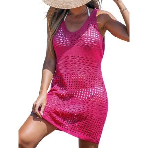 imageCUPSHE Women Swimsuit Crochet Sleeveless Cover Ups Summer Hollow Out Knit Bathing Suit Beach Coverup DressRose Red