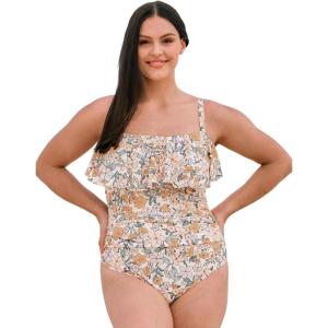 imageCUPSHE Women Swimsuit Plus Size One Piece Bathing Suit Flowy Ruffle Trim Ruched Front Tummy ControlBeigeOrange Floral