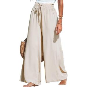 imageCUPSHE Women Wide Leg Pants High Waisted Trousers Linen Palazzo Lounge Beach Cover Ups Flowy PantsBeige