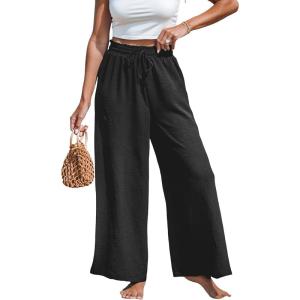 imageCUPSHE Women Wide Leg Pants High Waisted Trousers Linen Palazzo Lounge Beach Cover Ups Flowy PantsBlack