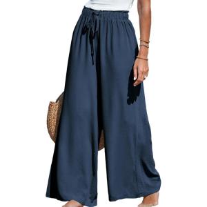 imageCUPSHE Women Wide Leg Pants High Waisted Trousers Linen Palazzo Lounge Beach Cover Ups Flowy PantsBlue