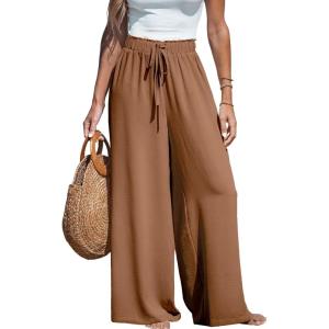imageCUPSHE Women Wide Leg Pants High Waisted Trousers Linen Palazzo Lounge Beach Cover Ups Flowy PantsBrown