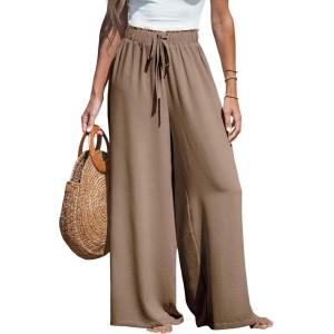 imageCUPSHE Women Wide Leg Pants High Waisted Trousers Linen Palazzo Lounge Beach Cover Ups Flowy PantsCoffee