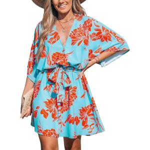imageCUPSHE Womens Mini Dress V Neck Floral Half Dolman Sleeve Belted Loose Fit Short Summer Beach DressBlue Paisley