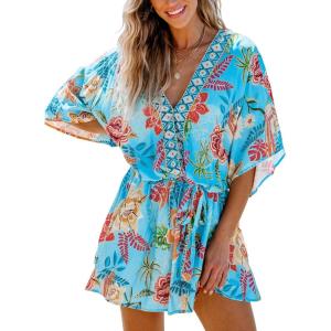 imageCUPSHE Womens Mini Dress V Neck Floral Half Dolman Sleeve Belted Loose Fit Short Summer Beach DressLight Blue