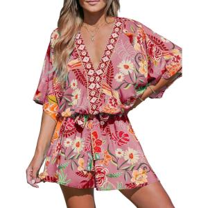 imageCUPSHE Womens Mini Dress V Neck Floral Half Dolman Sleeve Belted Loose Fit Short Summer Beach DressPink Floral