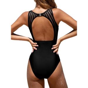 imageCUPSHE Womens One Piece Swimsuit Bathing Suit Tummy Control High Neck Cutout Back Hook Mesh SwimwearBlack