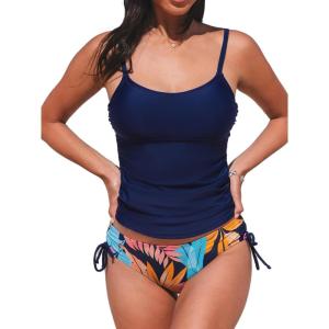 imageCUPSHE Womens Tankini Sets Two Piece Swimsuit Scoop Neck Ruched Adjustable Straps Drawstring Mid RiseNavy BlueTropical